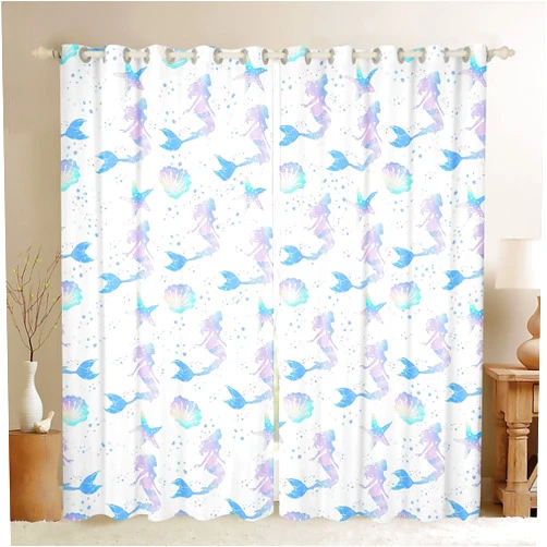 Manfei Mermaid Window Drapes Blackout 30%-50%,Fantasy Marine Life Shell Conch Ocean Animal Kitchen Window Treatments 52Wx84L,Dreamy Mermaid Tail Blue Purple Starry Decor Window Curtains