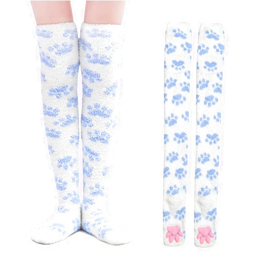 Littleforbig Knee High/Thigh High Cosplay 3D Paw Pad Silicone Kitten Over The Knee Coral Fleece Socks 22 Colors