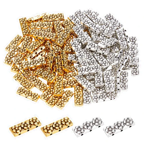 PH PandaHall 100pcs 3 Hole Spacer Beads Rectangle Bar Metal Beads with Flower Tibetan Tila Beads Multi Strand Alloy Spacers Bar Link Connectors for Summer Bracelet Necklace Jewelry Making