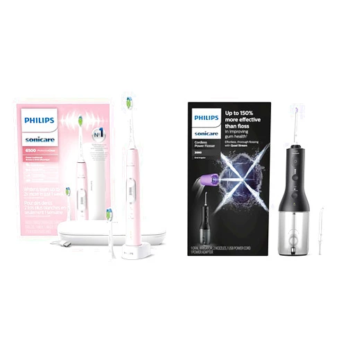Philips Sonicare ProtectiveClean 6500 Rechargeable Electric Power Toothbrush with Charging Travel Case and Extra Brush Head, Pink, HX6462/06 & Cordless Power Flosser 3000 - Black