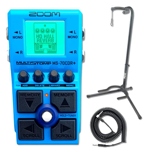 StreamEye Zoom MS-70CDR+ MultiStomp Chorus/Delay/Reverb Pedal with XCG-4 Classic Guitar Stand and Coiled Guitar Cable