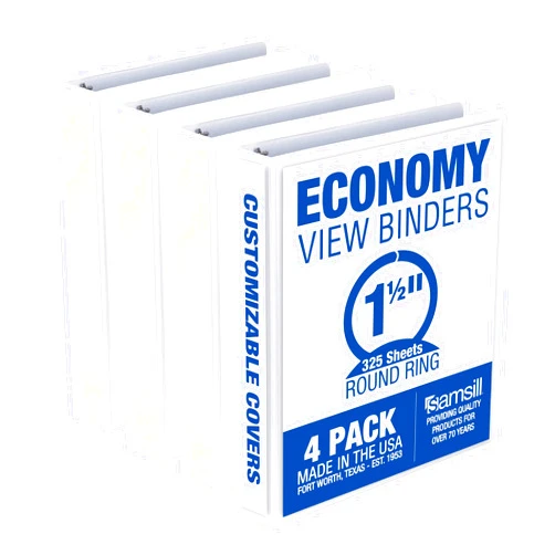 Samsill 1.5 Inch 3 Ring Binders, Made in USA, Economy Round Ring, Clear View Cover, 325 Sheet Capacity - for School, Home, Office - White, 4 Pack
