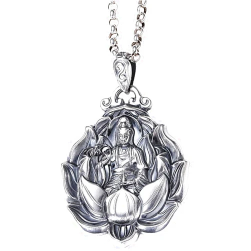 Salwosai Metal Quan Yin Goddess of Compassion Mercy Silver Lotus Kuan Yin Guan Yin Pendant Necklace Alloy Amulet Kwan Yin Avalokitesvara for Healthy Wealth