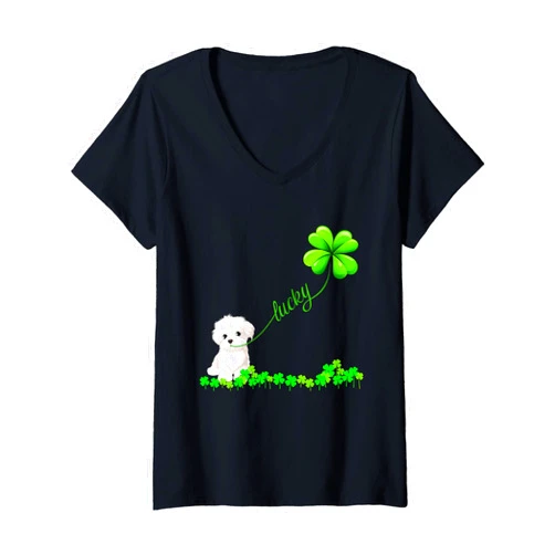 Maltese Shamrock St Patrick's Day Womens Irish Lucky with maltese T-shirt. maltese lover shirt, Dog V-Neck T-Shirt