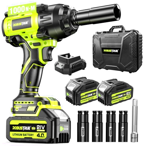 Robustrue 738ft-lbs (1000N.m) Cordless Impact Wrench, High Torque Brushless 1/2 Impact Gun, 2 x4.0Ah Battery 21V Max, Fast Charger, 4 Sockets, Impact Wrench for Home Car Tires Truck Mover