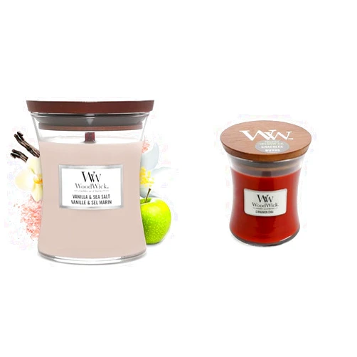 WoodWick 2-Pack Medium Hourglass Candles - Vanilla Sea Salt and Cinnamon Chai Scents - Premium Soy Wax, Wooden Wick, Made in USA