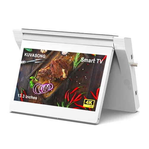 KUVASONG 13.3 Inches Flip Down Smart Kitchen TV, 4K Resolution, Full Viewing Angle Under Cabinet Kitchen TV, White Color (KVS133KT-W, 2024 Model)