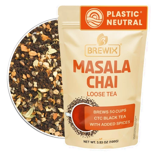 BREWIX, Masala Chai Tea Loose Leaf CTC TEA (50+ Cups, 3.53oz/100g) Strong Robust & Aromatic, All Natural | Blended with Exotic Spices | Ginger, Cinnamon, Cardamom, Clove & Black Pepper