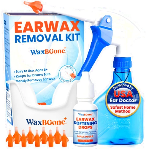 WaxBGone® Ear Wax Removal Kit with SoftSpray® Irrigation Tips, 4X High Output Sprayer & Ear Basin - Safe, Fast, Gentle Ear Cleaning Kit for Adults & Kids at Home - Standard Kit with Ear Drops