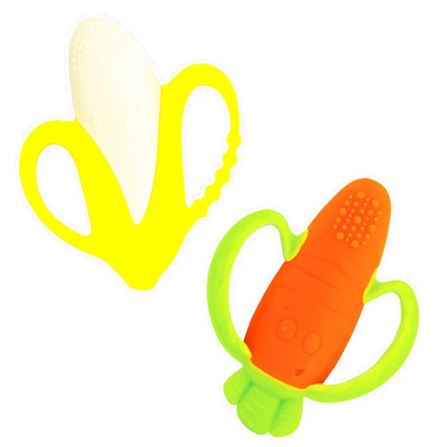 Infantino Lil' Nibbles Textured Silicone Baby Teether Bundle - Sensory Exploration & Teething Relief with Easy to Hold Handles, Orange Carrot & Yellow Banana, 0+ Months