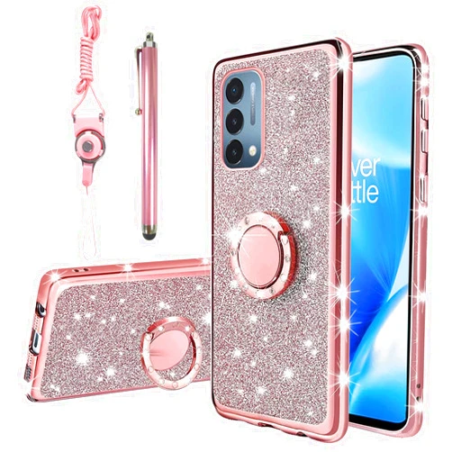 KuDiNi for OnePlus Nord N200 5G Case, N200 Phone Case for Women Glitter Crystal Soft Clear Tpu Luxury Bling Cute Protective Cover with Kickstand Strap for OnePlus Nord N200 5G (Glitter Rose)