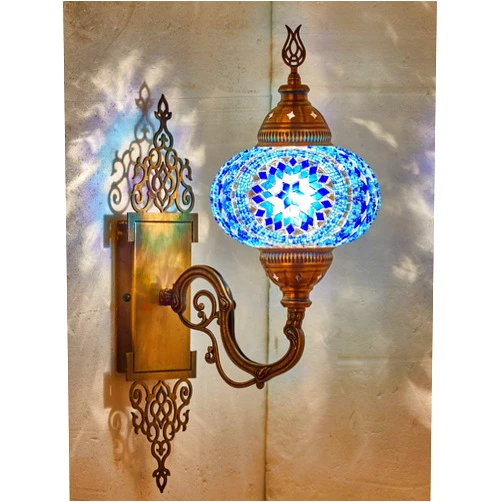 DEMMEX Turkish Moroccan Tiffany Style Mosaic Wall Sconce Lamp Light, Big Size Globe, Decorated Brass Body, Handmade, 15x5 Inches, Blue