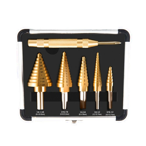 ZELCAN HSS 5PCS Titanium Step Drill Bit Set with Automatic Center Punch for Sheet Metal with Aluminum Case, 50 Sizes in 5 High Speed Multiple Hole Stepped Up Steel Bits for DIY Lovers