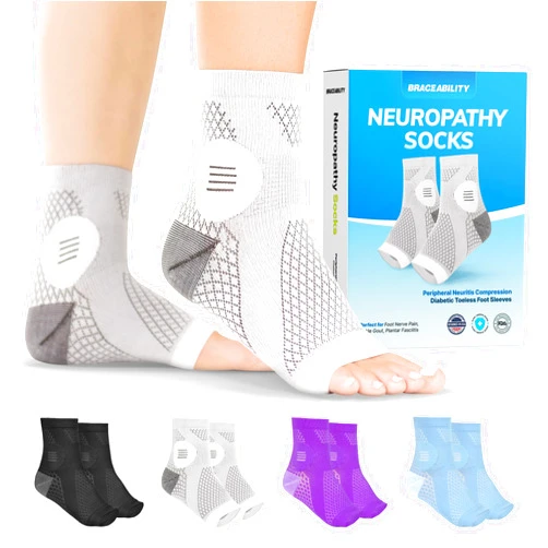 BraceAbility Neuropathy Socks for Women and Men (Pair) - Toeless Compression Foot Neuropathy Socks, Peripheral Neuropathy Socks, Diabetic Neuropathy Socks, Arthritis Socks (L - Gray)