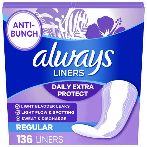 Always Daily Extra Protect Liners, Regular Length, Unscented Panty Liners, 136 Count
