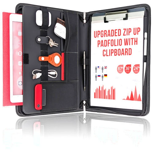 STYLIO Zipper Portfolio Binder | Padfolio, Clipboard Folio (removable) | Portfolio Organizer for Documents, Business Cards, Phone, Tablet, Air Tags | Leather Binder for Men and Women. Notebook Binder