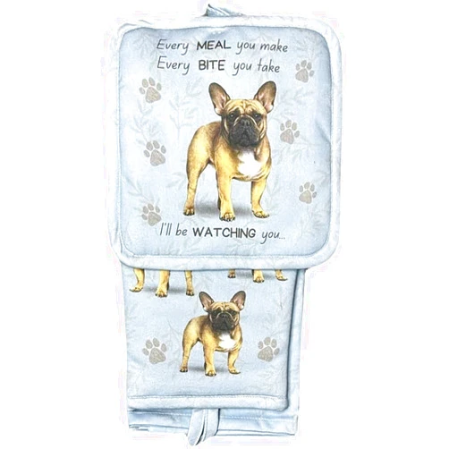 E&S Pets French Bulldog 3-Piece Kitchen Set - Oven Mitt, Pot Holder & Kitchen Towel Set, Heat Resistant up to 420 F, Soft Quilted Cotton for Cooking, Baking, BBQ, Pet Lover Gifts (French Bulldog)