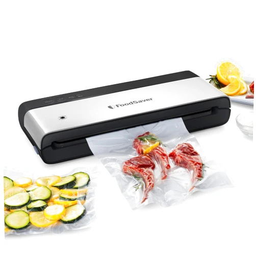 FoodSaver PowerVac Compact Vacuum Sealing Machine, Stainless Steel & Black, Vertical Storage, VS0150 | Preserves freshness, reduces bag waste, for both dry and wet food