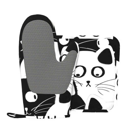 Indokyeyqaz Funny Cat Oven Mitts and Pot Holders Sets, Home Silicone Heat Resistant BBQ Gloves for Kitchen Baking Cooking Grilling Microwave
