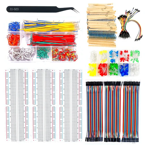 Eloogaa Arduino Project Breadboards Kit,3Pcs 830 Points Breadboards,560Pcs U-Shape Jumper Wires,120Pcs 20cm Dupont Cables,65Pcs Flexible Wires,200Pcs 3mm&5mm LED Light,600Pcs Resistors,Tweezer