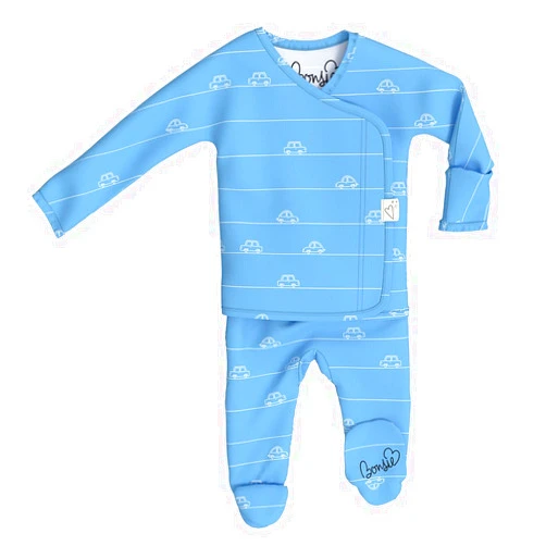 Bonsie Skin to Skin Babywear Footie Bodysuit - Blue Baby Footed One Piece with Car Pattern - BeepBeep
