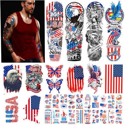 Aresvns Independence Day Temporary Tattoo 32 Sheets,USA Flag Sleeve Tattoo,Red White and Blue Party Supplies, 4th of July, Memorial Day, Labor Day Decorations Patriotic Tattoos