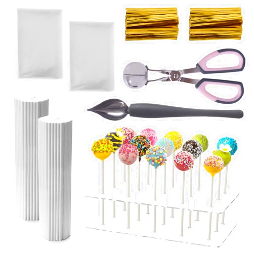 OKAHUOCHUANG Cake Pop Maker Kit Including Treat Sticks and Clear Acrylic Display Stand, Culinary Decorating Spoons, Parcel Bags,Twist Ties,Meat Baller with Handle Making for Candies Chocolates Lollipop