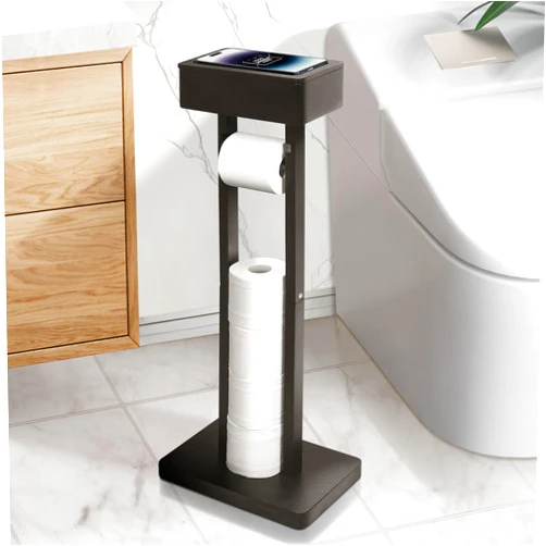 LINKLIFE 4-in-1 Toilet Paper Holder Stand with Top Storage Shelf, Free Standing Toilet Tissue Roll Dispenser Holds 4 Reserve Rolls for Bathroom Organizer, Bamboo Black