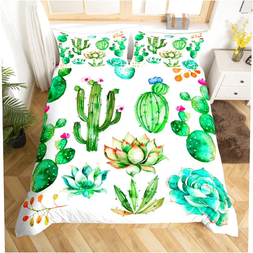 Feelyou Bright Cactus Printed Bedding Set Full for Girls Boys Green Plants Succulents Bedding Duvet Cover Kids Teen Nature Art Soft Microfiber Bedroom Decorative 3 Piece Comforter Cover Chic