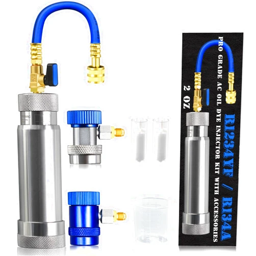 GallopMax R1234YF & R134A AC Oil Dye Injector Kit with 2 Snap Quick Couplers 2 Oil Checkers 2oz Measuring Cup