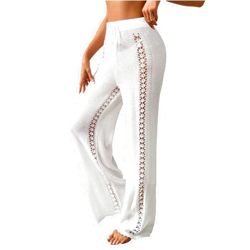MakeMeChic Women's Hollow Out Crochet Cover Up Pants See Through Cover Ups Swimwear Beach Pants