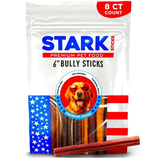Stark Sticks Premium Pet Food Stark Sticks 6'' Natural Bully Sticks for Small, Medium, Large Dogs - 100% Grass-Fed Beef, Chews Sticks for Dogs, Treats, Long Lasting - Fully Digestible,(Standard 8 Count)