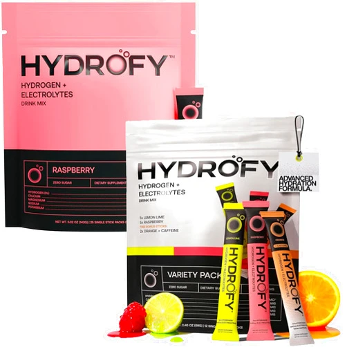 Hydrofy Hydrogen Water + Electrolytes Bundle | Raspberry 25ct & Variety Pack 12ct | H2 Hydration Packets with Molecular Hydrogen, Sodium, Potassium, Magnesium, Calcium | 37 Servings | No Sugar