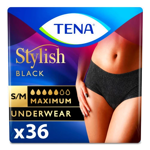 TENA Stylish Black Incontinence Bladder Control Underwear for Women, Maximum Absorbency, Small/Medium, 36 ct (2 Packs of 18)