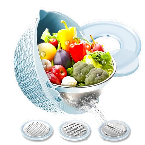 WIENOLOA 4-1 Colander with Mixing Bowl Set, Food Strainers and Colanders for Kitchen with Vegetable Slicer, Multipurpose Double Layer Rotatable Pasta Rice Strainer, Fruit and Veggie Washing Draining Basket