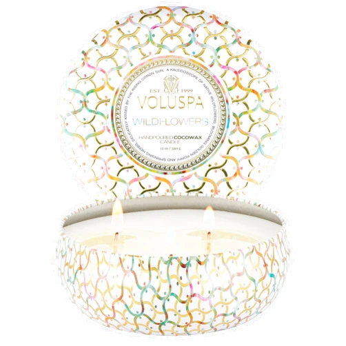 Voluspa Wildflowers, 3 Wick Tin Candle, 12 Ounce, 40 Hour Burn Time, All Natural Wicks and Coconut Wax for Clean Burning, Vegan, Poured in The USA