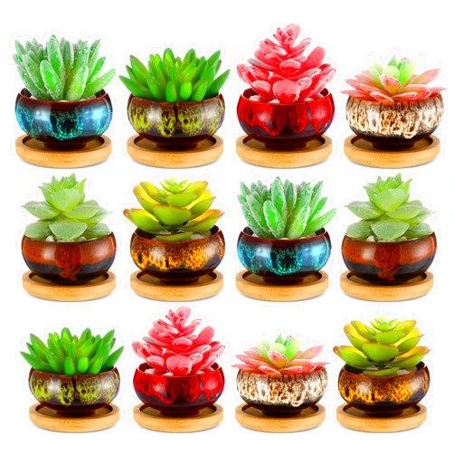 RimCereal 12 Pcs Succulent Pots 2.5 Inch Ceramic Succulent Garden Pots Planters with Drainage and Bamboo Tray for Indoor Garden Plants Planters Colorful Cactus Flower Pot(Round,1.2 Inch H)