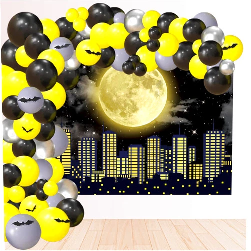 MAYSUN 129Pcs Superhero Super City Backdrop 5x3FT Black Yellow and Silver Balloons Arch Kit Full Moon Bat Photo Background Baby Shower Bat Theme Birthday Party Decorations