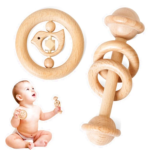 Promise Babe 2pc Set Wooden Rattle Toys Beech Wood Ring Montessori Bird Shape Grasping Toddler Toys