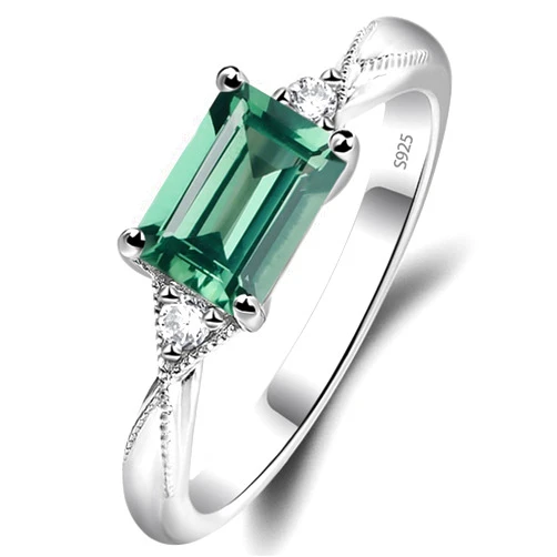 LUO 925 Sterling Silver Emerald Cut 7X5 MM Gemstone Ring East West Dainty Promise Ring for Women