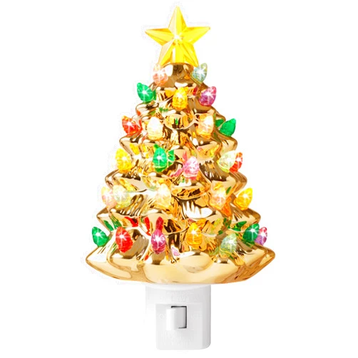Casafield Ceramic Christmas Tree Night Light - Gold Plug-in Vintage Christmas Decorative Night Light with 28 Bulbs and Star Topper