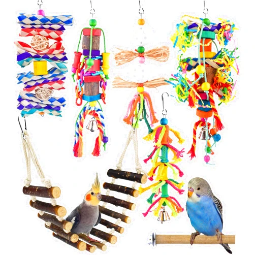 KATUMO Bird Toy Set, 7 PCS Small Bird Toys for Parrot, Including Wooden Ladder, Chewing Toys, Perch - Pet Activity Structure for Indoor, Outdoor, Climbing, Entertainment