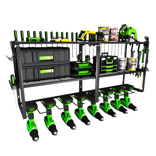 Birodeko Power Tool Organizer Wall Mount, Heavy Duty Utility Tool Rack with 8 Drill Holders and 3-Layer High Capacity Storage Rack for Cordless Tool Screwdriver Plier Hammer Holder