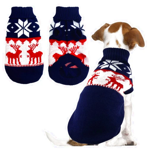 Vehomy Pet Puppy Christmas Sweater Cat Winter Knitwear Xmas Clothes Navy Blue Sweater with Reindeers Snowflakes Pattern Dog Warm Argyle Sweater Coat for Kittens Small Dogs Cats XL