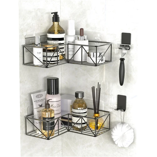 Iperlife Corner Shower Caddy Black,Shower Organizer Corner Shower Shelf with Hooks for Hanging Razor and Sponge, Wall Mount Over Toilet Storage Rack - 2 Pack (Only Fits 90° Right Angle Corner)