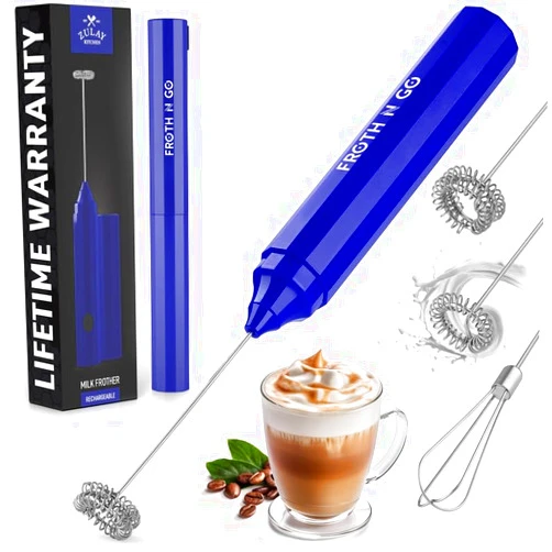 Zulay Kitchen Zulay Froth N Go Milk Frother Rechargeable - 3-in-1 Frother Wand With Case & USB-C Charger - Comes With 3 Whisk Attachments for Latte, Cappuccino, Matcha, Protein Shakes - Blue