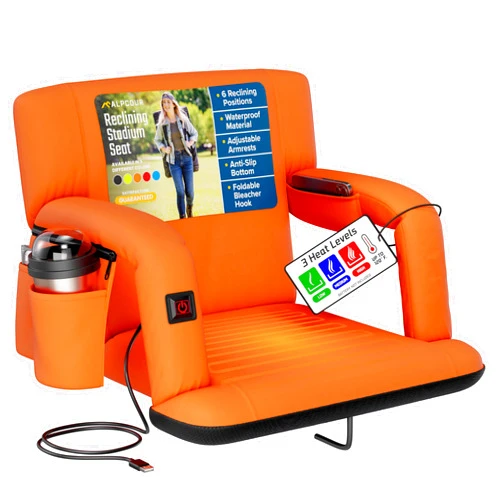 Alpcour Heated Reclining Stadium Seat for Bleachers – Wide Bleacher Chair with Back Support and Cushion, Armrests, Side Pockets, & Hook – Stadium Seats Chairs for Camping, Kayak, Paddle Board & More