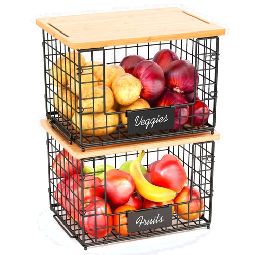 Keomaisyto 2 Pack Stackable Wire Baskets with Bamboo Top for Pantry Organizers and Storage, XXL Kitchen Organization Counter Basket for Fruit, Vegetable, Produce, Bread, Potato and Onion Storage Bins
