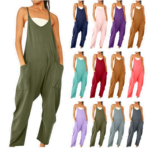 AOREUGL Jumpsuits For Women Dressy Casual Rompers Sleeveless Spaghetti Strap Overalls With Pockets Summer Outfits 2025