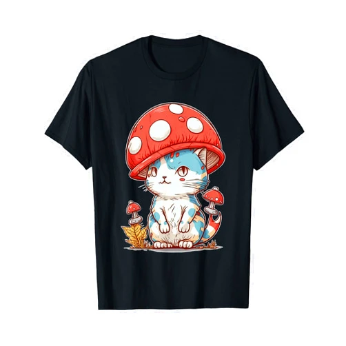 Cat with Mushroom Hat, Cute Cottagecore Aesthetic Cat with Mushroom Hat Cute Cottagecore Aesthetic Kawaii T-Shirt